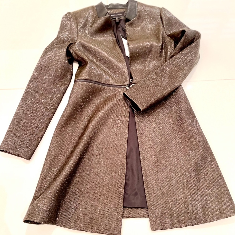BCBG Maxazria brown shiny coat jacket w leather, S, NWT